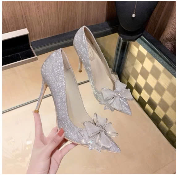  Giày cao gót dự tiệc 9cm mũi nhọn ánh kim đính nơ đá pha lê sang chảnh 