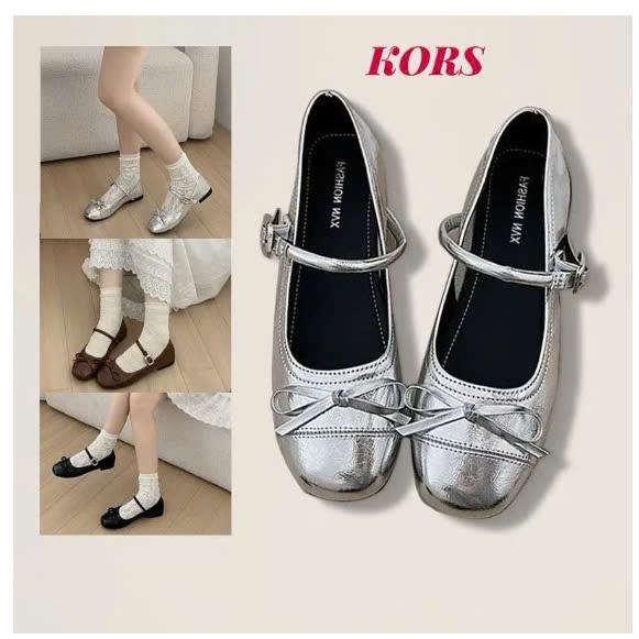 Giày búp bê nữ lolita phối nơ màu bạc chất da sin sò 